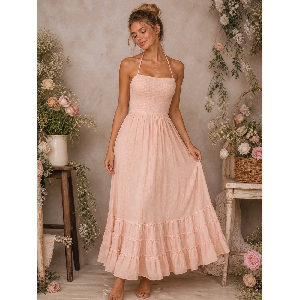 Blush Pink Smocked‎ Maxi Dress Open Back Halter Cottagecore Boho Romantic S
